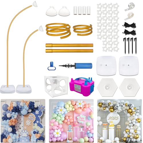 CYAOOI Balloon Arch Kit with Balloon Pump Electric, 8.2FT & 5FT Half Arch Free Bending Gold Balloon Stand Kit, Floor Column Backdrop Frame Balloons Stands for Wedding Baby Shower Birthday Party Decor