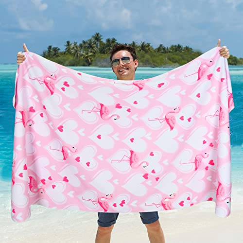 Aspmiz Valentines' Day Beach Towel, Microfiber Pink Flamingo Bath Towel Oversized, Water Absorbent Towels For Bathroom, Love Heart Bath Towels For Shower Travel Swimming Sports Gift Decor, 31"X 59" #TOP3