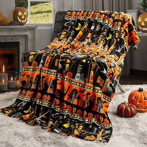 Ghost Halloween Blanket 50” x 70” Reversible Castle Gravestone Pumpkin Print Fleece Throw Blanket, 320 GSM Surper Soft Warm Cozy Blanket for Couch Sofa, Halloween Harvest Gifts and Orange Home Decor Cover