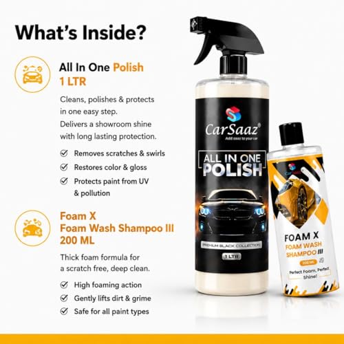 Image of CAR SAAZ All in One Polish 1 L with Foam X Shampoo 200ml Combo | CAR & Bike Polish + Washing Restore Shine and Gives Protection on Multi-surfaces