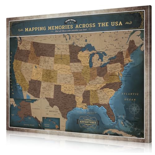 Image of DECORARTS - USA Push Pin Travel Map, Vintage Explorer-Style Canvas Wall Art in Blue, Archival Giclee Print, Hand-Stretched Canvas, Living Room & Office Wall Decor, for Travelers, Made in USA, 20x16''
