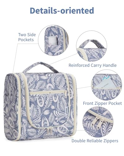 Image of Hanging Travel Toiletry Bag Cosmetic Make up Organizer for Women and Men, Blue Leaf (Large),