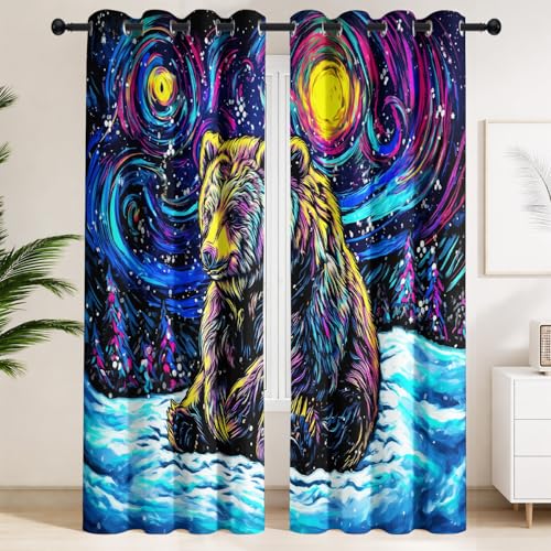 Cortinas Opacas Oscurecer la Habitación Óleo Surrealista Cortinas Decor Ideales Dormitorio Infantil Oso Lindo Cielo Estrellado Nieve Fantasía De Cuento Anti-Sol Cortina Térmicas Multicolor 107x215cm