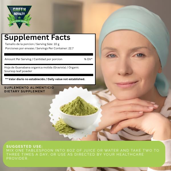 Miniatura 4 de Green Royalty Guanábana en polvo de 8 onzas  Fruta de guanábana 100% natural  Sin cafeína, sin azúcar, sin gluten  Sin OMG  Polvo de bebida a base