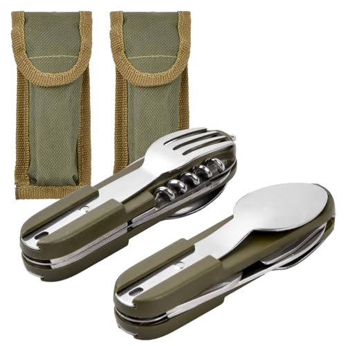 Wisebom Set de Couverts de Camping Pliants, 2 Pièces Kit Couverts de Camping 8 en 1 en Acier Inoxydable Amovible Vaisselle de Camping pour la Randonnée en Plein Air...