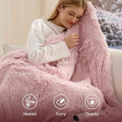 Image of Bedsure Faux Fur Heated Blanket Throw, Long-Pile Electric Blanket, Pink