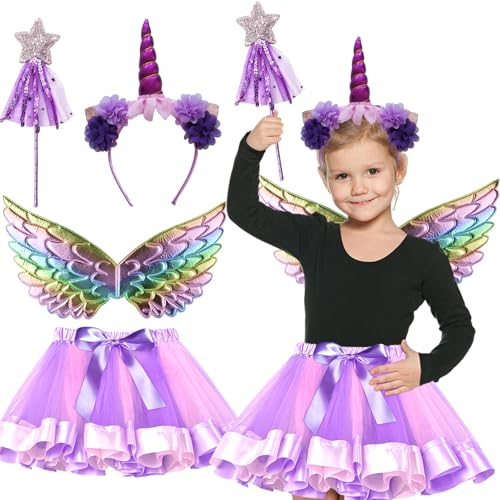 Byhsoep Disfarce unicórnio meninas, disfarce de unicórnio com diadema de unicórnio, varinha mágica brilho, saia de tule roxa, asas multicoloridas para Halloween carnaval cosplay aniversário carnaval