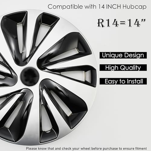 Image of Silver with Black Hubcap Wheel Cover Replacement Kit 14 inch Hub Caps Wheel Rim Cover Car Exterior Accessories Set of 4, 14 inches