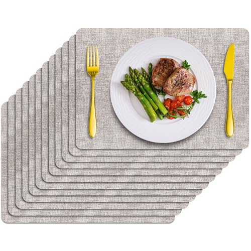 Placemats Set of 12 Washable, Heat Resistant Table Placemats Wipeable Faux Leather Place Mats Non Slip, Waterproof Square Table Mats for Indoor Outdoor, Light Grey