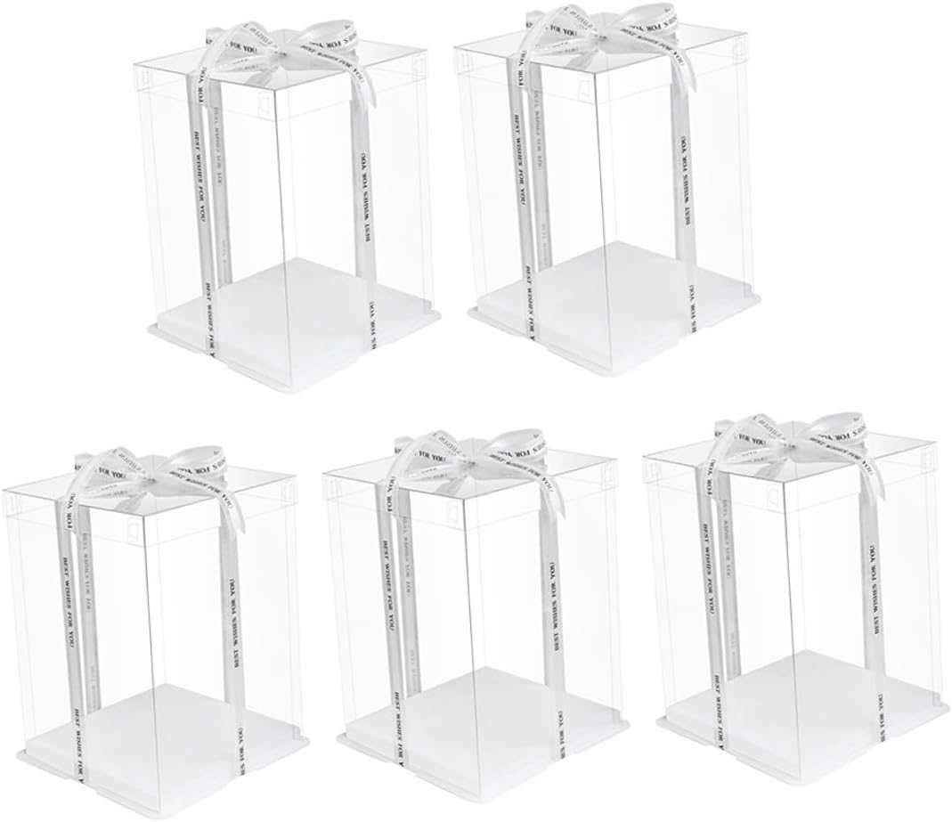 SUPVOX 5pcs 8-inch Square Cake Boxes with Lid, Tall Double-layer Food Packaging Containers for Birthday Party Cake Carrier and Packaging