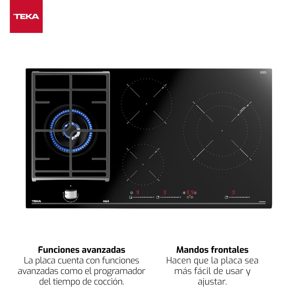 TEKA Placa de Gas Cristal + Inducción Hybrid 90 cm, 4 Zonas (3 Inducción + 1 Gas), Touch Control Multislider, ExactFlame, Doble Anillo, Stop&Go, Modelo JZC 94313 ABN