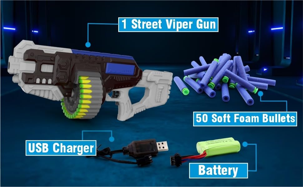 Image of Aditi Toys Street Viper Big Blaster Motorized Dart Gun Toy Includes 50 Soft Foam Bullet Darts, 60-Foot Firing Range, Rechargeable Electric Battery Design for Boys Girls, Above 5+ Age(Grey-Black)