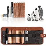 29 Pieces Professional Sketching & Drawing Art Tool Kit With Graphite Pencils, Charcoal Pencils, Paper Erasable Pen, Craft Knife-Lightwish (without Sketchbook, with Canvas Rolling Pouch）