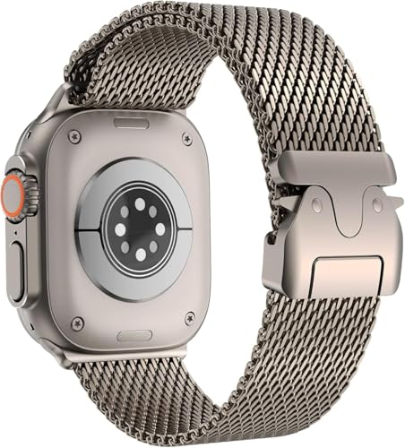 Image of GETSABLE Stainless Steel Mesh Loop Strap with Parachute-style Buckle Compatible with iwatch Ultra 2 /Ultra band 49mm, Series 10 46mm, 9 /8 /7 45mm, SE2 /SE /6 /5 /4 44mm, 3 /2 /1 42mm (Natural Titanium)