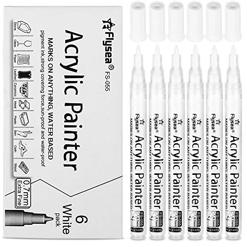 SUPERSUN 6 Marqueurs Peinture Acrylique Blanc, 0.7mm Stylos de Peinture Acrylique pour Bois, DIY, Dessin, Tissu, Verre, Carte de Noël