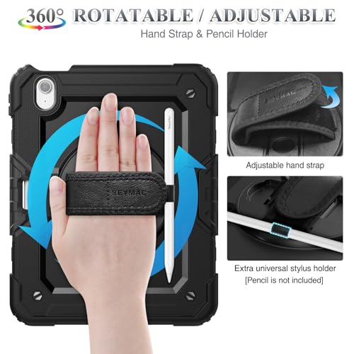 SEYMAC stock for iPad Air 11 inch Case (M3/M2, 2025/2024), Heavy Duty Shockproof Cover with Screen Protector, 360° Rotating Stand/Hand Strap, Shoulder Strap & Pencil Holder for iPad Air 11, Black - Image 2
