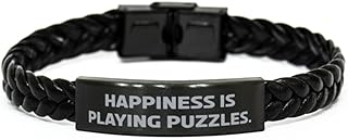 Happiness is Playing Puzzles. Braided Leather Bracelet, Puzzles Engraved Bracelet, Beautiful for Puzzles