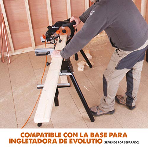 Evolution Power Tools R210CMS Multimaterial Sierra Ingletadora - Corta acero dulce, aluminio, plástico, madera con clavos incrustados, 210 mm