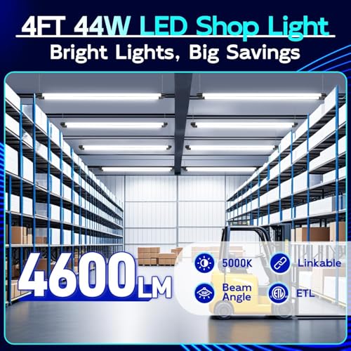 Image of hykolity LED Shop Light 4FT 44W (300W Equivalent), 4600LM 5000K Daylight | Hanging or Surface Mount,Plug-in Utility Linkable Shop Light for Garage,Workshop,Warehouse,Energy Efficient,Black,4 Pack