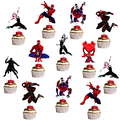 QICI 24Pcs Miles Morales Spiderman Party Cake Decorations, Miles Morales Cupcake Toppers Spiderman Birthday Cupcake Toppers for Miles Morales Party Supplies