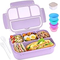 Bento Box Adult Lunch Box, Lunch Containers for Kids Girls Boys with 4 Compartments, Lunchable Food Container with Utensils, Sauce Jar, Muffin Liners, 40 Oz/5 Cup, Microwave Safe, Lavender