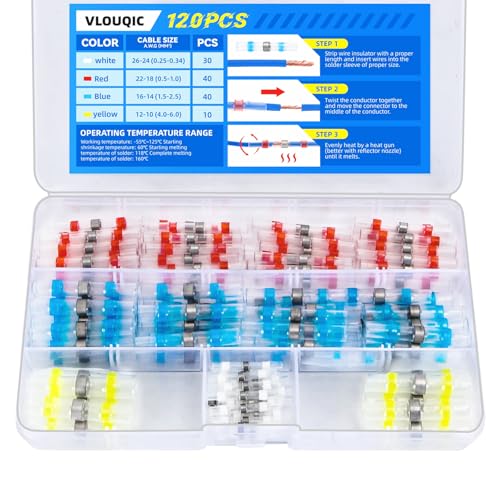120 PCS Solder Seal Wire Connectors Kit, Waterproof Heat Shrink Wire Connectors, Marine Grade Electrical Wire Terminals, Insulated Butt Splice for Marine, Automotive, Boat, Truck, RV, Trailer Wiring