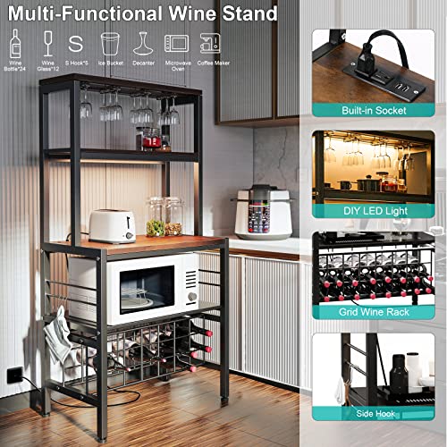 Hsszxfr Industrial Wine Bakers Rack With Power Outlet And Led Strip, Multifunctional Wine Rack Table, Wine Bar Cabinet With Wine Storage Glasses Holder Bottle Shelf, Bar Stand For Liquor And Glasses #TOP1