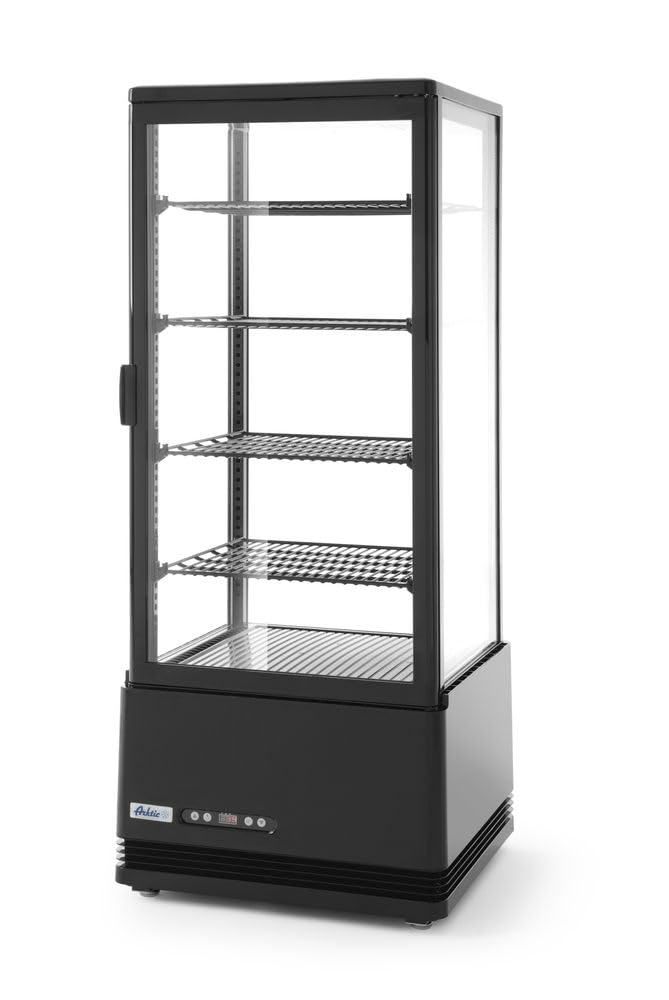 HENDI Vetrina da Esposizione Refrigerata, Sbrinamento Automatico, Sistema Antifog, 4 Ripiani, Illuminazione LED, Classe Energetica C, 98L, 230V, 210W, 452x406x(H)1116mm, Nero, ABS, Doppio Vetro