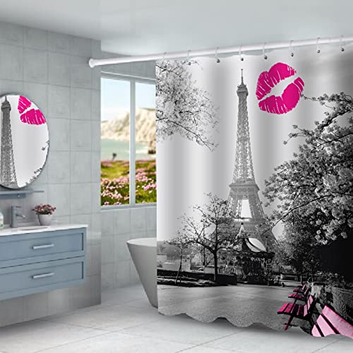 4Pcs Pink Paris Bathroom Decor Sets Bathroom Sets With Shower Curtain And Rugs Paris Eiffel Tower Bathroom Rugs And Mats Sets With Shower Curtain #TOP2