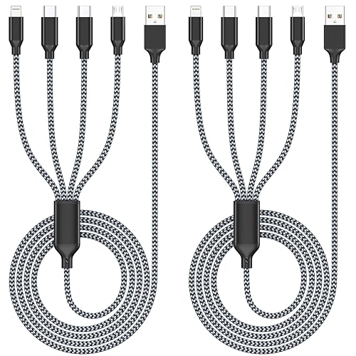 Multi Charging Cable 4ft 2Pack, 4 in 1 Charging Cable Nylon Braided Lightning iPhone Charger,Universal Charger Phone Cord with Type-C,Micro USB,IP Port for iPhone17-5/Android -Black Grey