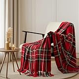 EVERGRACE Stewart Red Christmas Plaid Chenille Throw Blanket for Couch, Super Soft Cozy Tartan Checkered Throw Blanket with Tassels, Lightweight Plush Chenille Knit Throw for Christmas Decor, 50"x60"