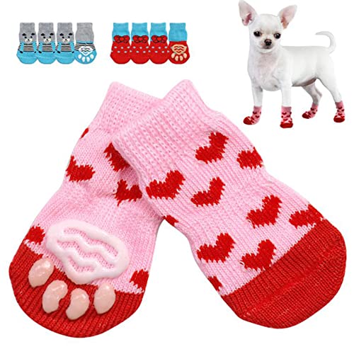 Leasote 4Pcs Socks Heart-Shape Printing Comfortable Non-Slip Elastic Warm Paw Protector For For Small Medium Dogs Cats Pink S #TOP1