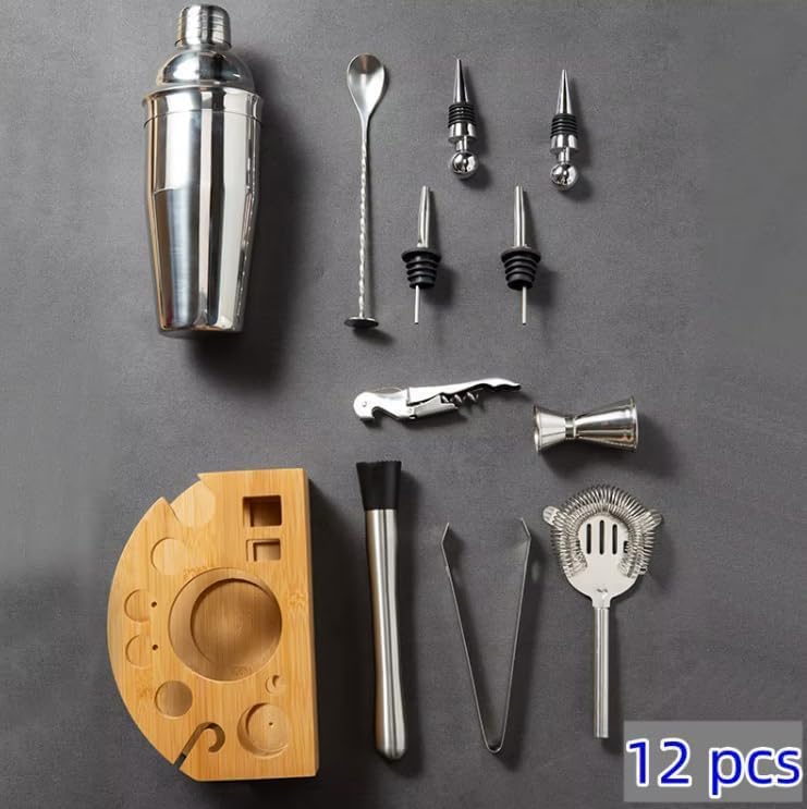 Miniatura 6 de Juego de coctelera personalizada con soporte, kit de camarero grabado con jigger, colador, cuchara y vertedor, regalo de mezclología de barra