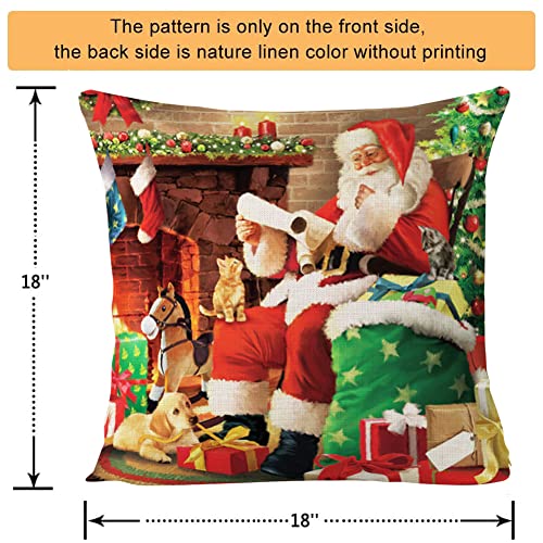 Christmas Pillow Cover Santa Claus Throw Pillow Cover Home Decor Cute Dog And Cat Lovely Santa Pillowcase For Sofa Bed Couch, Cotton Linen Pillow Cover 18 X 18, No Pillow Insert #TOP4