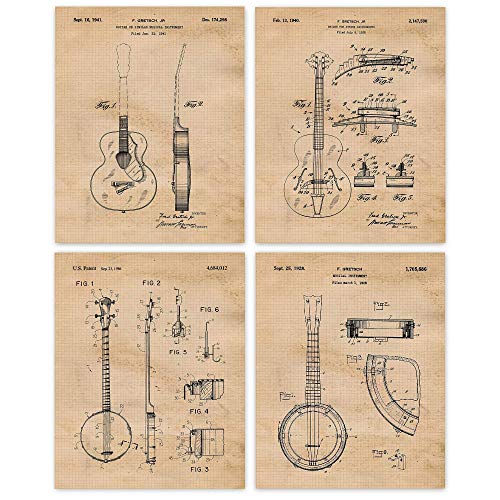 Vintage Strings Guitar Banjo Patent Prints, 6 (8x10) Unframed Photos,