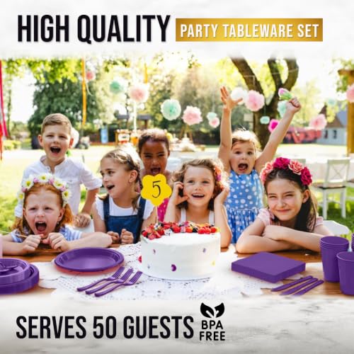 Image of Exquisite 350 Pcs Purple Plates and Napkins Party Supplies Plate Sets | Sturdy Plastic Dinnerware Set With 9 inch & 7 inch Plates, 12 Oz Cups, Lunch Napkins and Cutlery Serves 50 for Birthdays & Everyday
