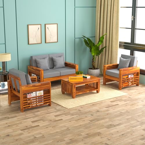 Image of KINGS HOME FURNITURE Sheesham Wooden 4 Seater Sofa for Living Room | Rosewood 4 Seater Cushion Sofa with Side Teapoy for Home & Office | Solid Wood Sofa Set for Lounge (Walnut,Beige,2+1+1 Seater)