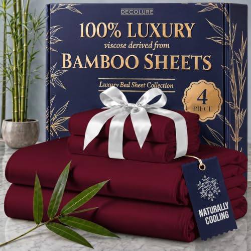 Image of DECOLURE 100% Viscose Derived from Bamboo Sheets Full Size - Luxury 4 Pc Naturally Cooling Sheets, Ultra Soft Bed Set - Deep 17 inch Pockets, Durable Double Stitching, Oeko Tex Standard (Burgundy)