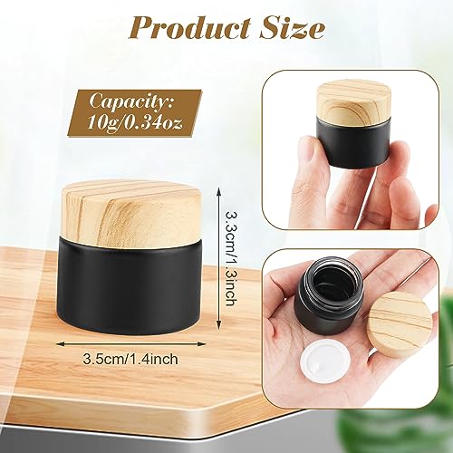 12 Pack 10g/0.34oz Frosted Glass Cream Jar Empty Sample Storage Jars Cosmetic Container Pot with Plastic Wood Grain Pattern Lid for Face Cream Lotion Eye Shadow - Black2