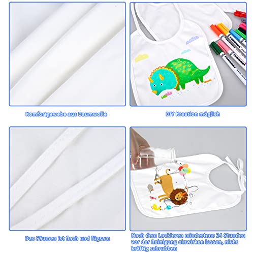 Faburo 12 Stück Baby Lätzchen zum Bemalen, 20 * 24cm Baby Lätzchen aus Baumwolle Doppelseitig mit 14pcs Farbigem Textilstift 5pcs Malen Schablonen für Babyshower Party