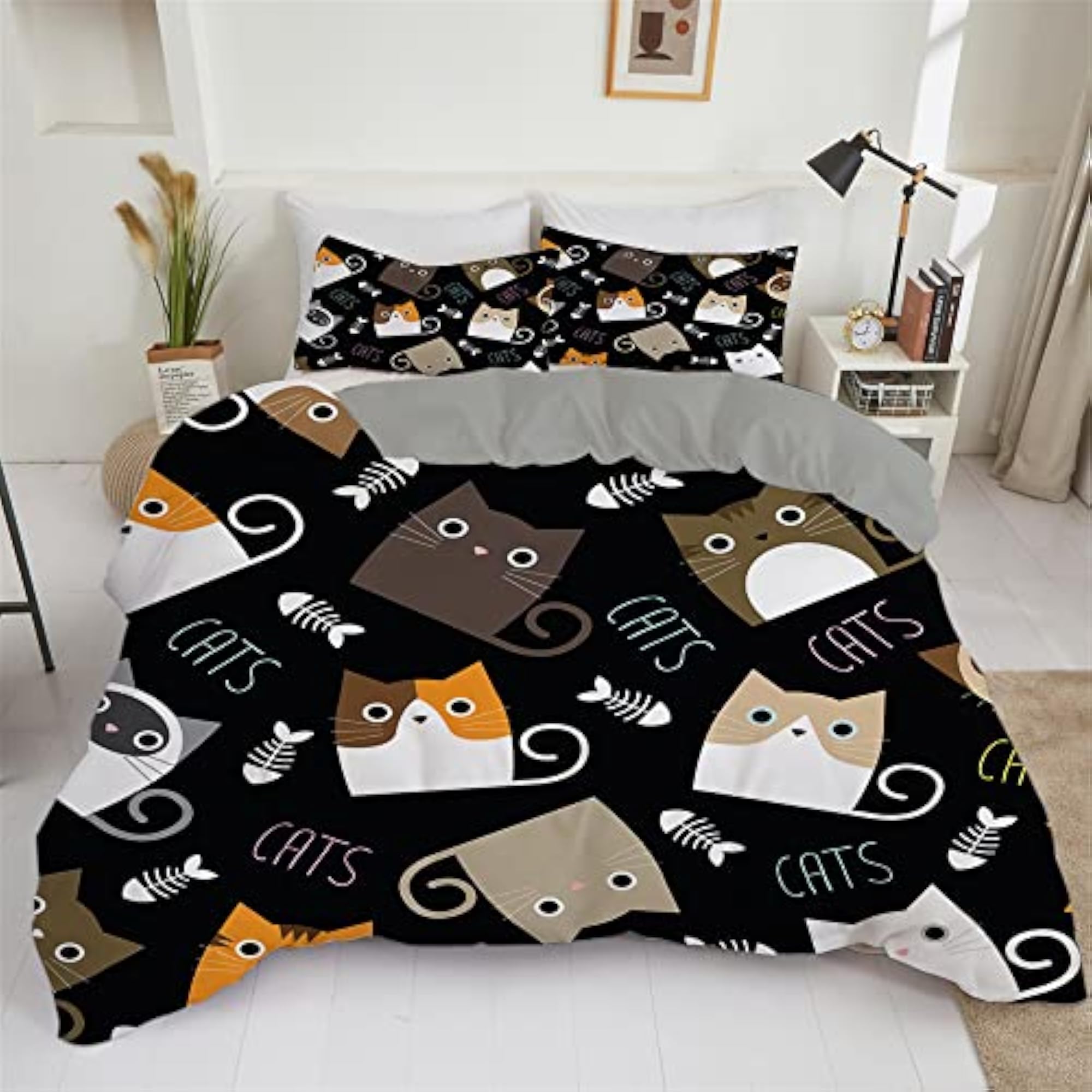 Cat Duvet Cover Set Single Size for Kids, 3 PCS