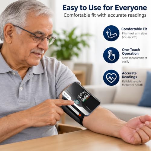 Image of TruVitals PulseSense Digital Blood Pressure Monitor for Home Use - Wireless & Rechargeable BP Machine with Large LED Display | Voice Broadcast | WHO Indicator, IHB Detection | 99 Memory Records | 2 User Support, Compact & Travel Friendly | 1-Year Warranty