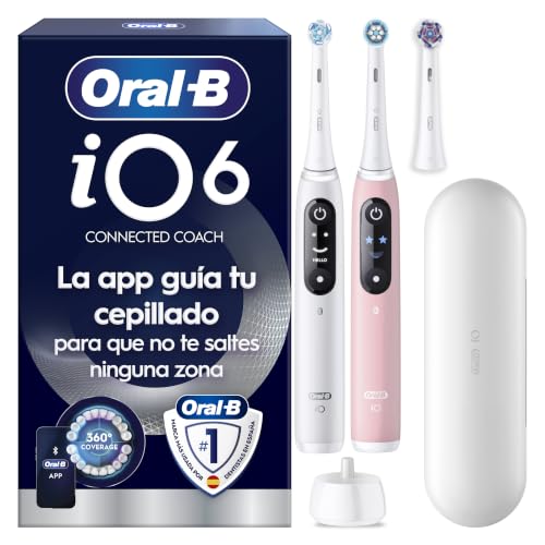 Oral B iO6 Cepillos de Dientes Eléctricos, Blanco y Rosa, Pack de 2, 3 Cabezales   Cepillo Dental con Estuche de Viaje, 5 Modos de Cepillado, Sensor de Presión, Temporizador y Seguimiento con App