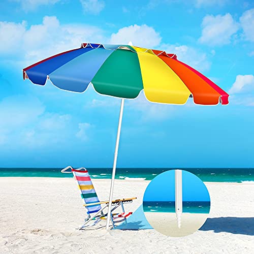 Giantex 8 Ft Beach Umbrella, Patio Sunshade Umbrella with Sand Anchor & Tilt Mechanism, 16 Fiberglass Ribs, Air-Vent Design, Portable Sun Shelter Suitable for Seaside, Backyard, Poolside, Market Entrance (Rainbow)