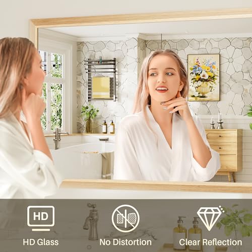 Image of 55x30 Inch Bathroom Mirror for Wall, Anti-Rust Oak Wood Grain Metal Framed Bathroom Mirrors for Over Sink,Rectangler Mirrors for Bathroom Vanity, Farmhouse, Bedroom, Living Room, Entryway Decor