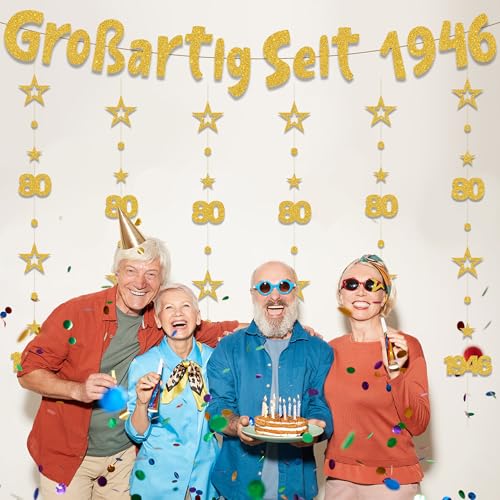 80. Geburtstag Deko Männer Frauen - 7 Stück Gold Großartig Seit 1946 Girlanden mit Zahlen 80 und Jahreszahl, Glitzer Banner und Hängedeko für Kinder Geburtstag Feier