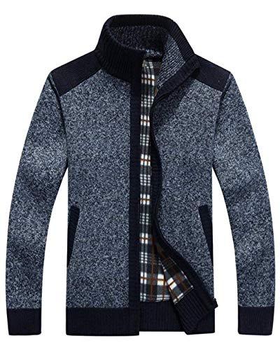 Vcansion Men's Casual Slim Fit Full Zip Thick Knitted Cardigan Sweaters Fleece Lined Jacket Coat Blue Grey S