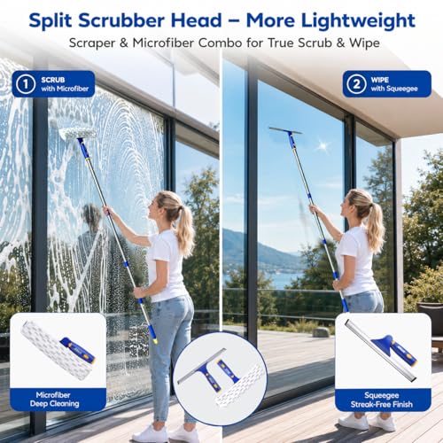 Image of ITTAR Window Squeegee with 2 Sets Separate Pole, 12 inch Rubber Squeegee and 11 inch Microfiber Pads, 60 inch-73.6 inch Telescopic Window Cleaning Kit with Rotating Head for High Windows, Shower Glass, Car Windshield