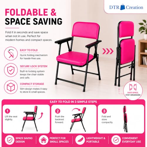 Image of Foldable Cushioned Chair with Armrests | Heavy Duty Metal Frame | Soft Padded Seat & Backrest | Space Saving Folding Chair for Home, Office, Study & Guest Seating | Pink