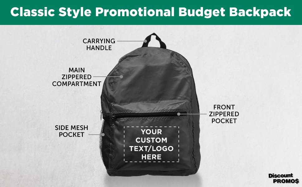Image of DISCOUNT PROMOS Custom Simple Functional Backpacks Set of 1, Personalized Text, Logo, Picture - Water Resistant, Lightweight - Black